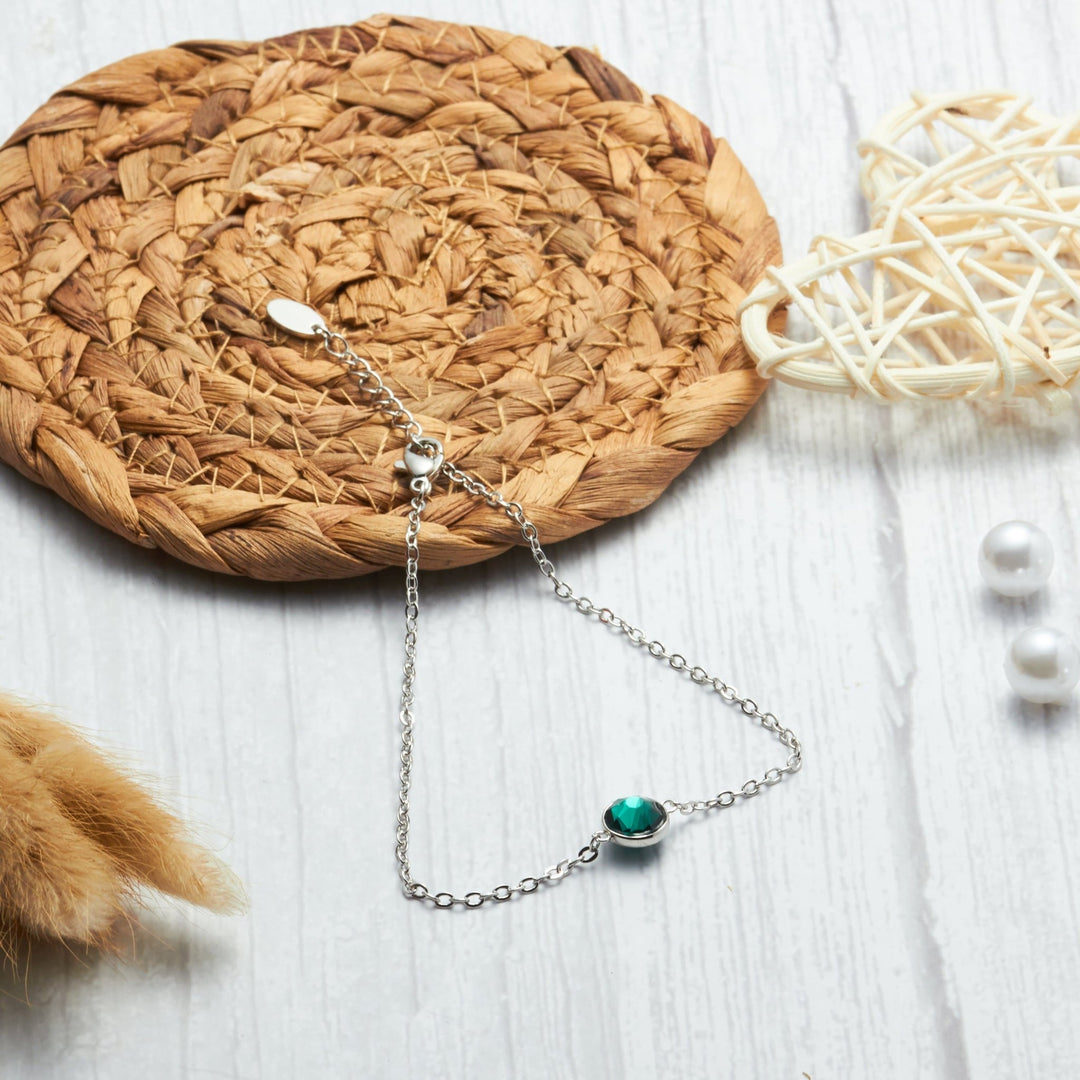May (Emerald) Birthstone Anklet Created with Zircondia® Crystals - Philip Jones Jewellery