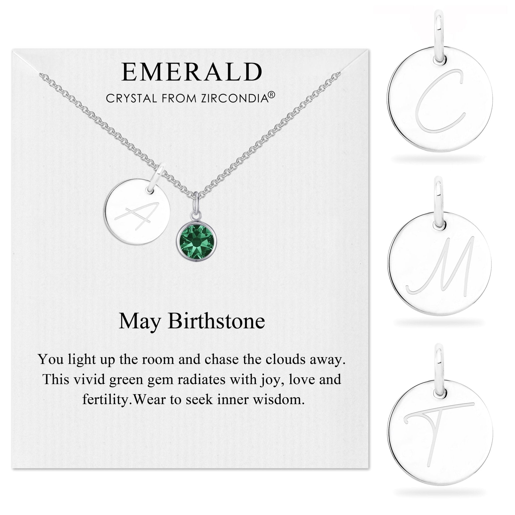 May (Emerald) Birthstone Necklace with Initial Charm (A to Z) Created with Zircondia® Crystals - Philip Jones Jewellery