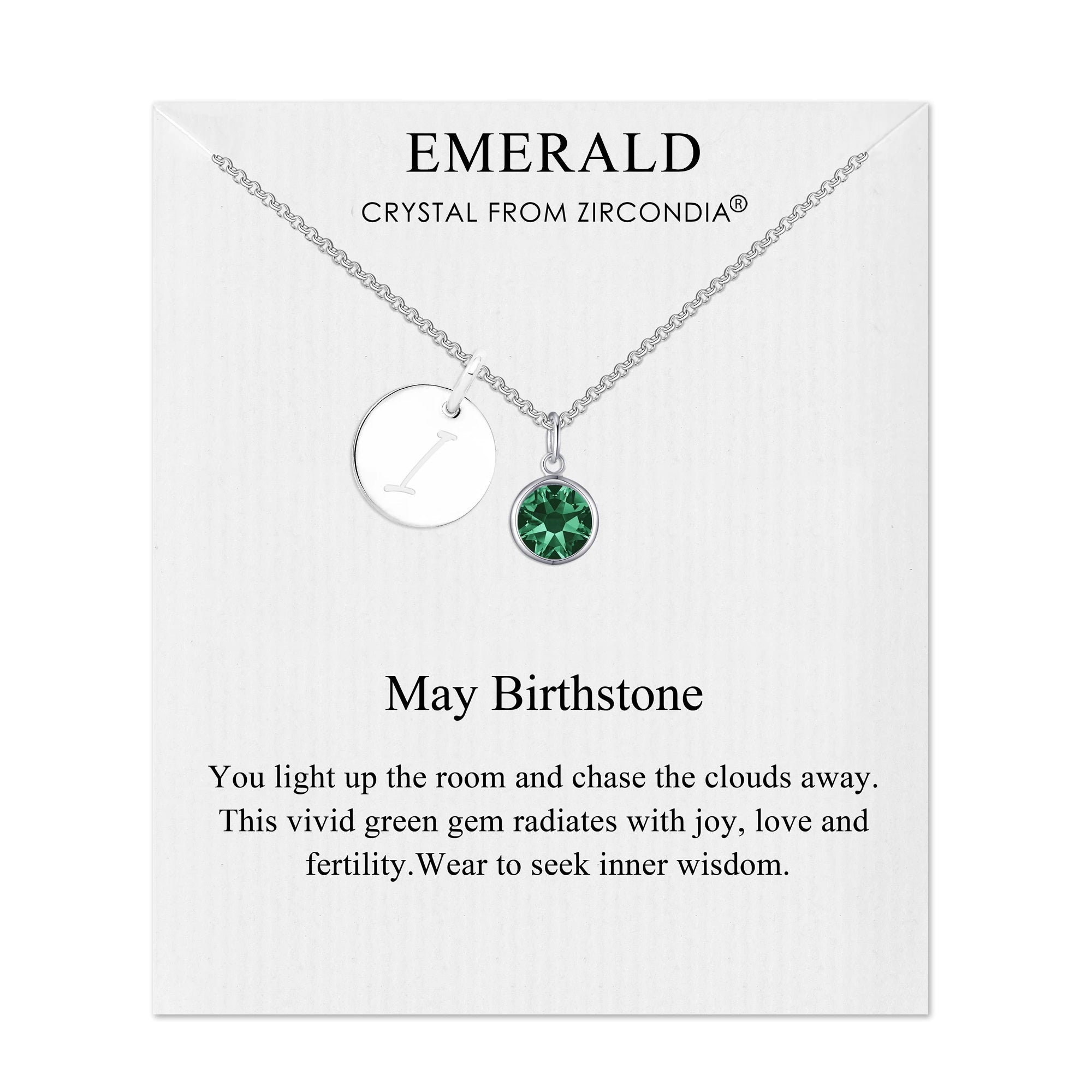 May (Emerald) Birthstone Necklace with Initial Charm (A to Z) Created with Zircondia® Crystals - Philip Jones Jewellery