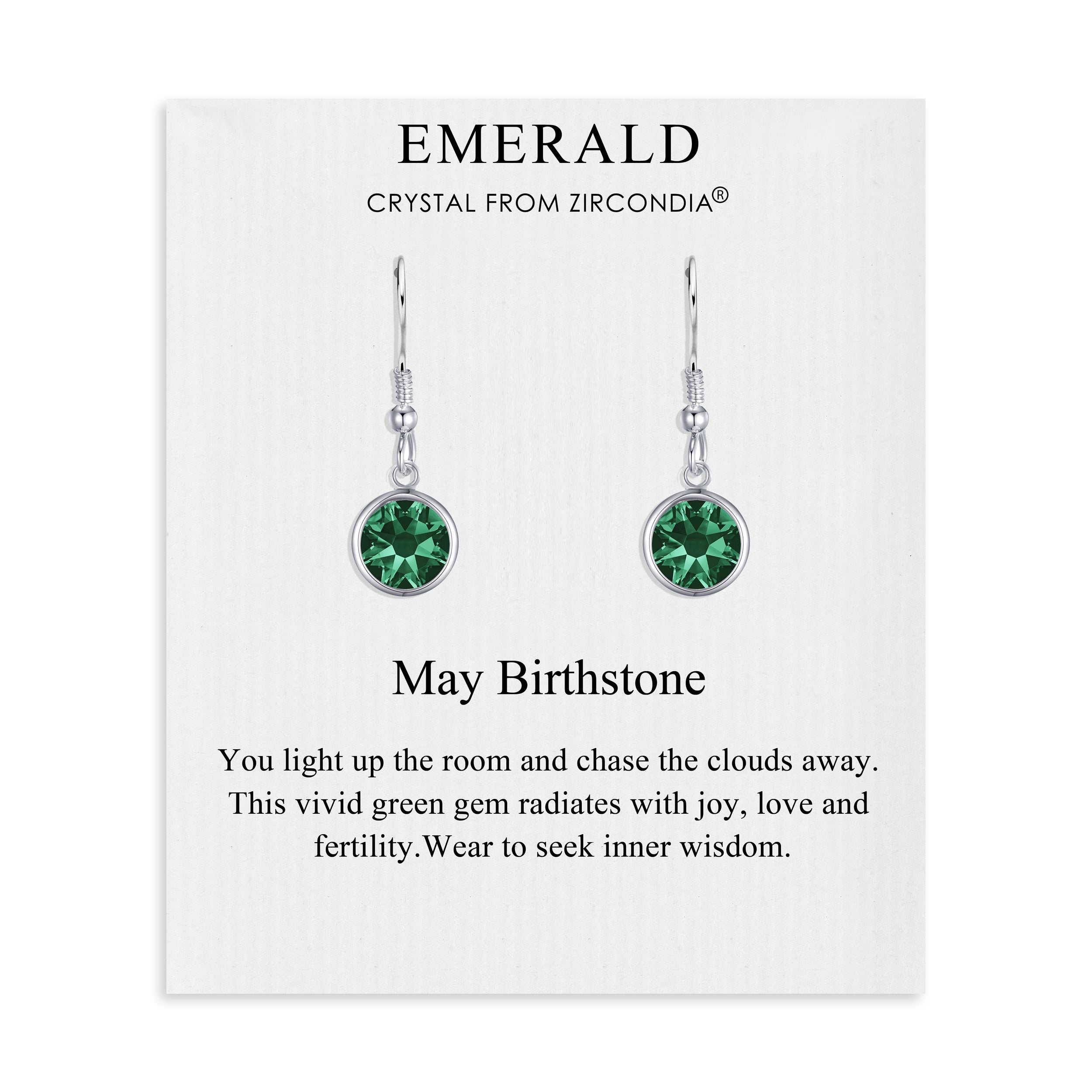 May Birthstone Drop Earrings Created with Emerald Zircondia® Crystals by Philip Jones Jewellery