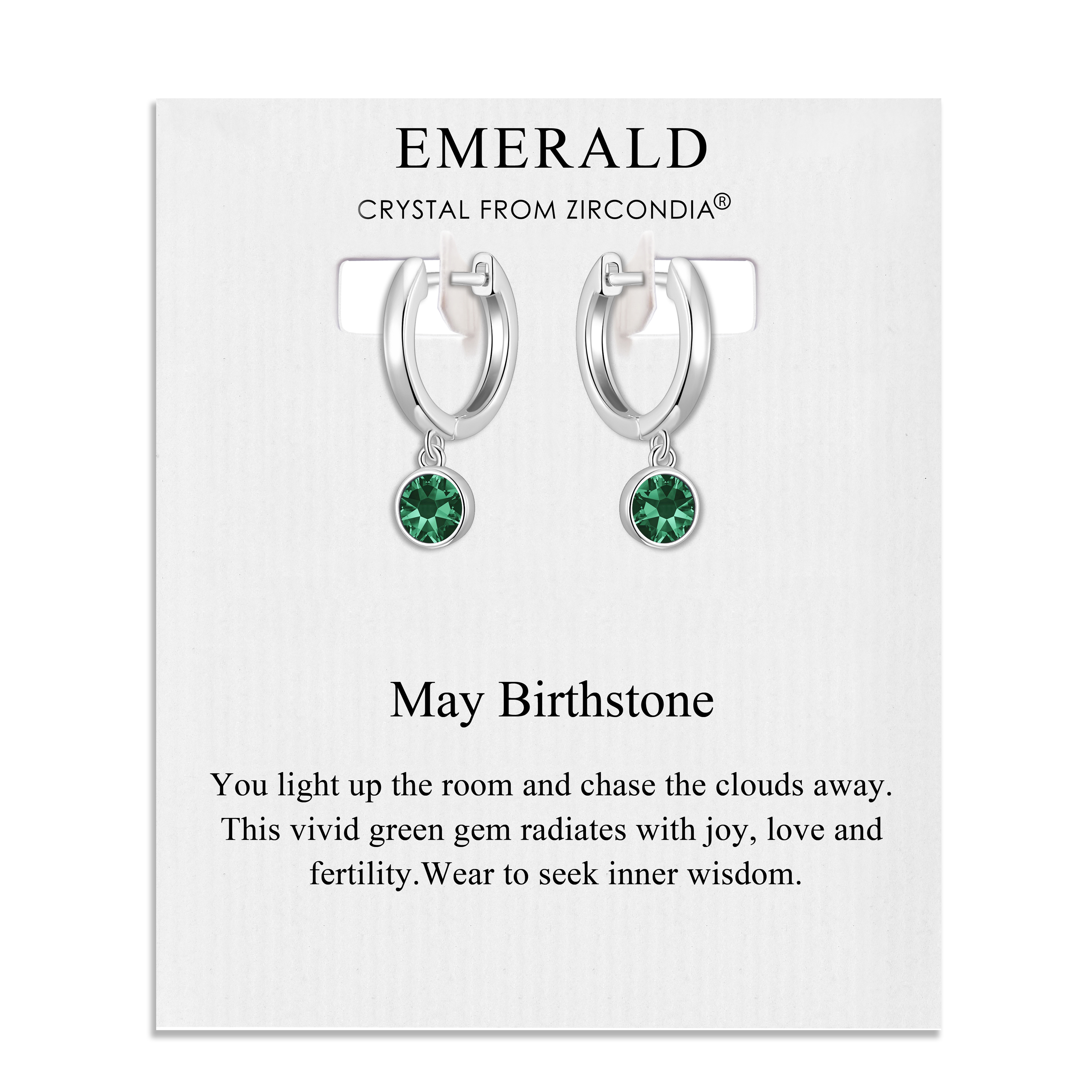 May Birthstone Hoop Earrings Created with Emerald Zircondia® Crystals by Philip Jones Jewellery