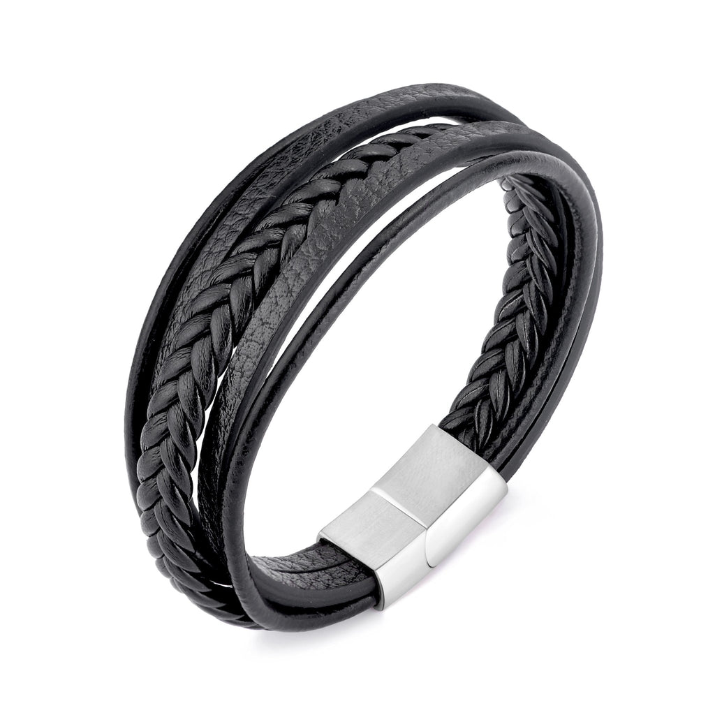 LES POULETTES JEWELS - Men's Black Leather Bracelet With Stainless Steel Clasp, 7.5 Inch - View #5