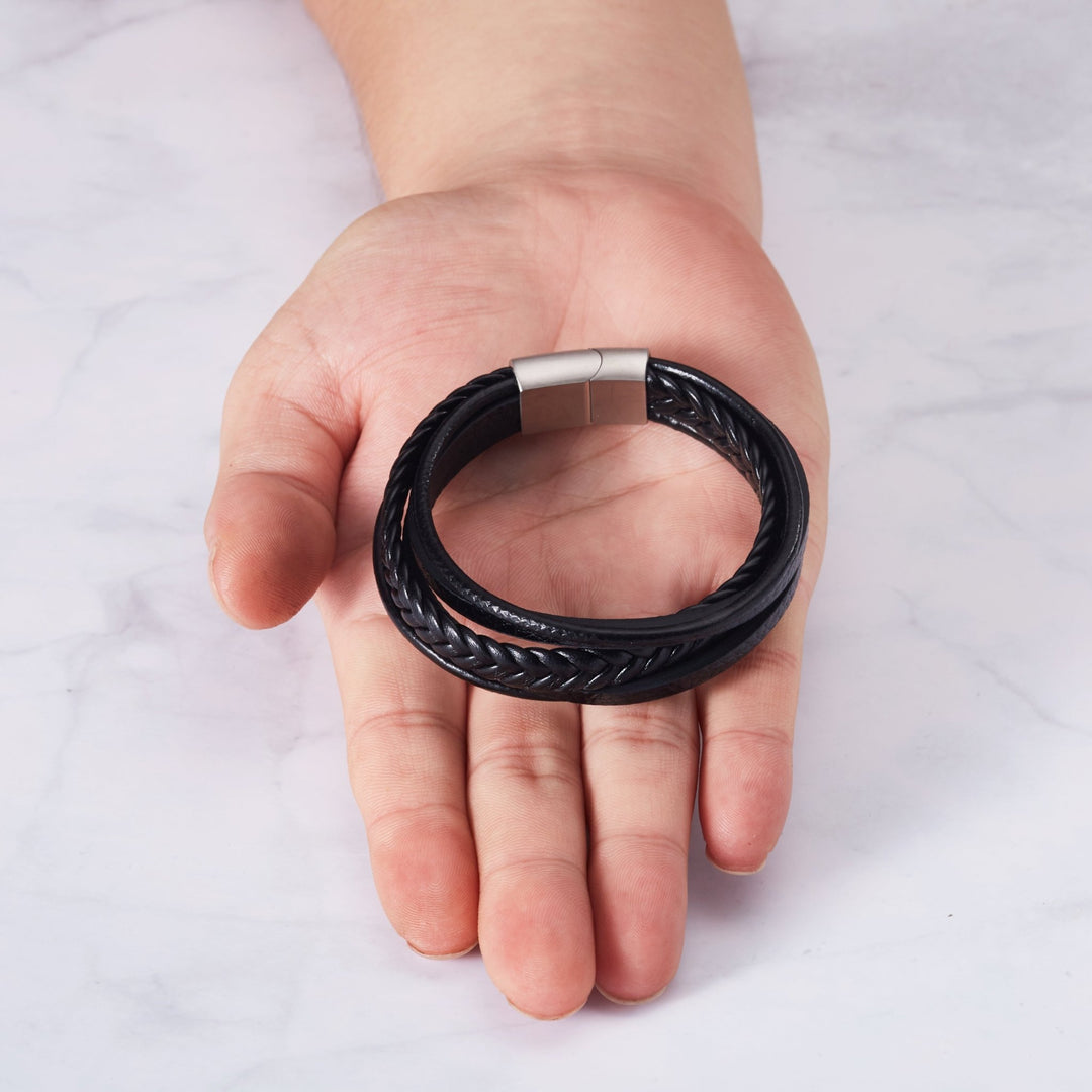 Men's Genuine Black Leather Bracelet with Stainless Steel Clasp - Philip Jones Jewellery