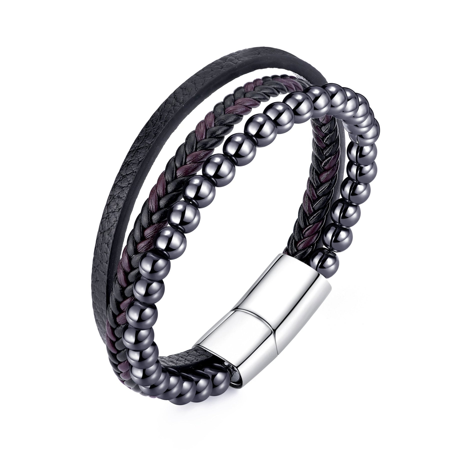 mens genuine leather hematite bracelet 335482
