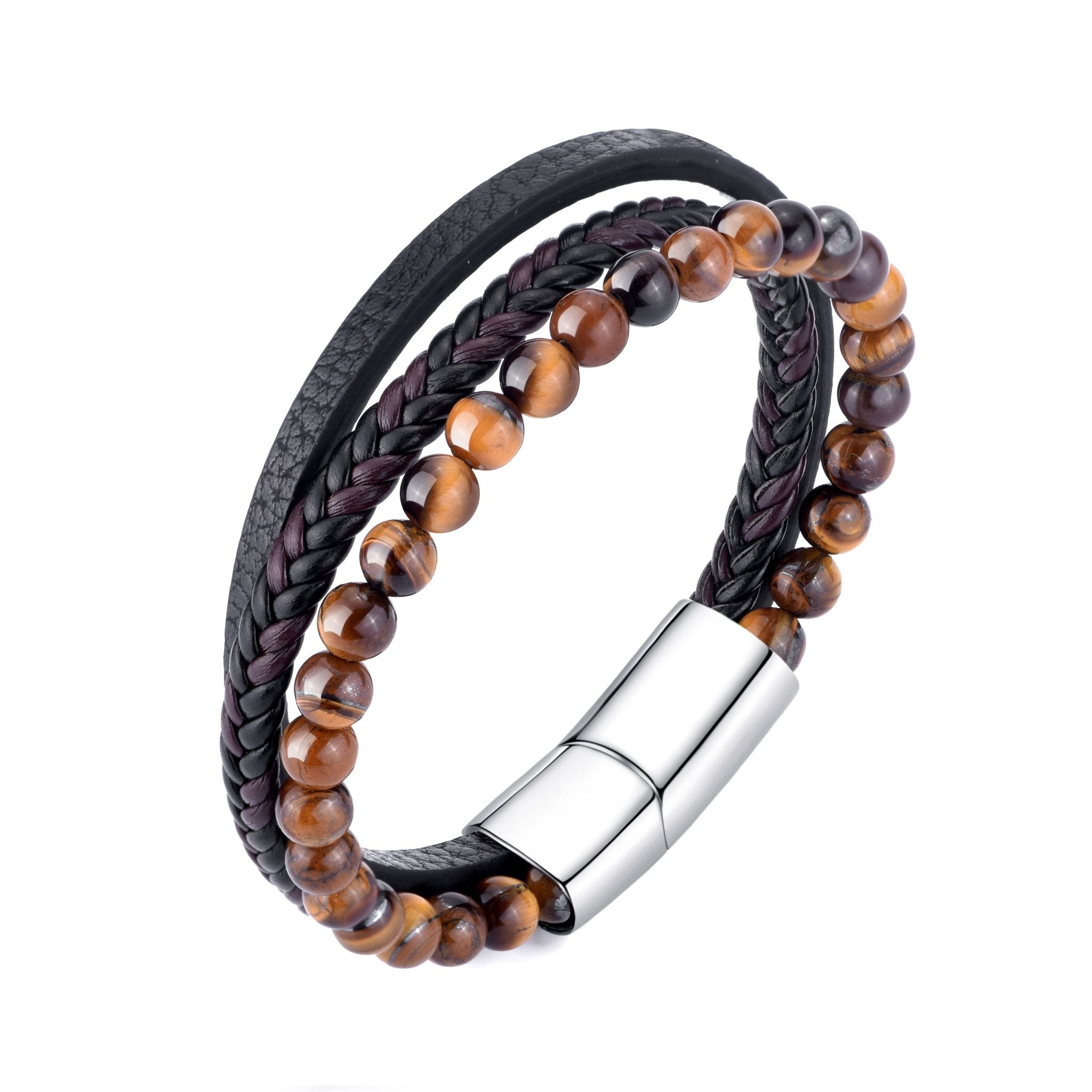 Men's Genuine Leather Tiger's Eye Bracelet - Philip Jones Jewellery