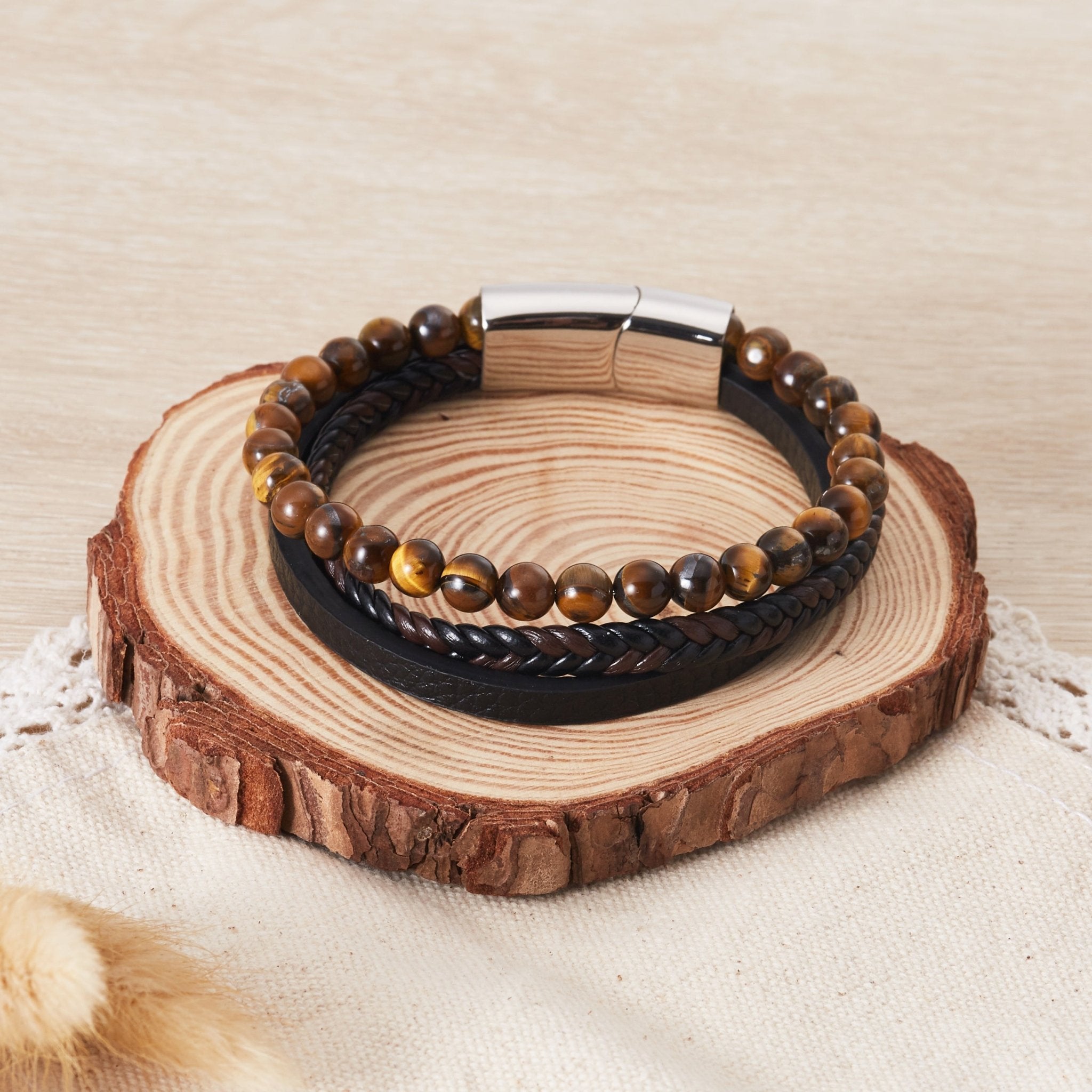 Men's Genuine Leather Tiger's Eye Bracelet - Philip Jones Jewellery