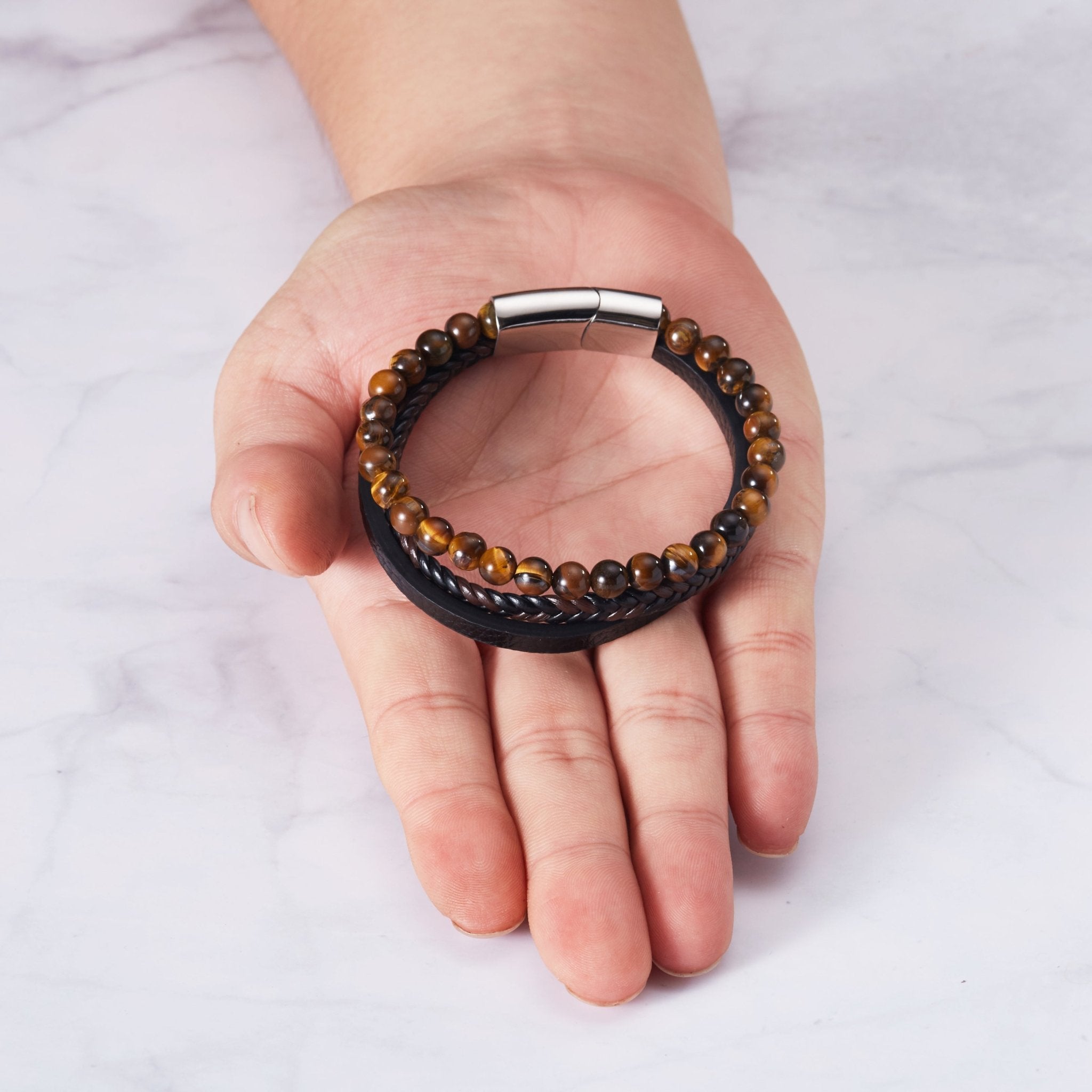 Men's Genuine Leather Tiger's Eye Bracelet - Philip Jones Jewellery