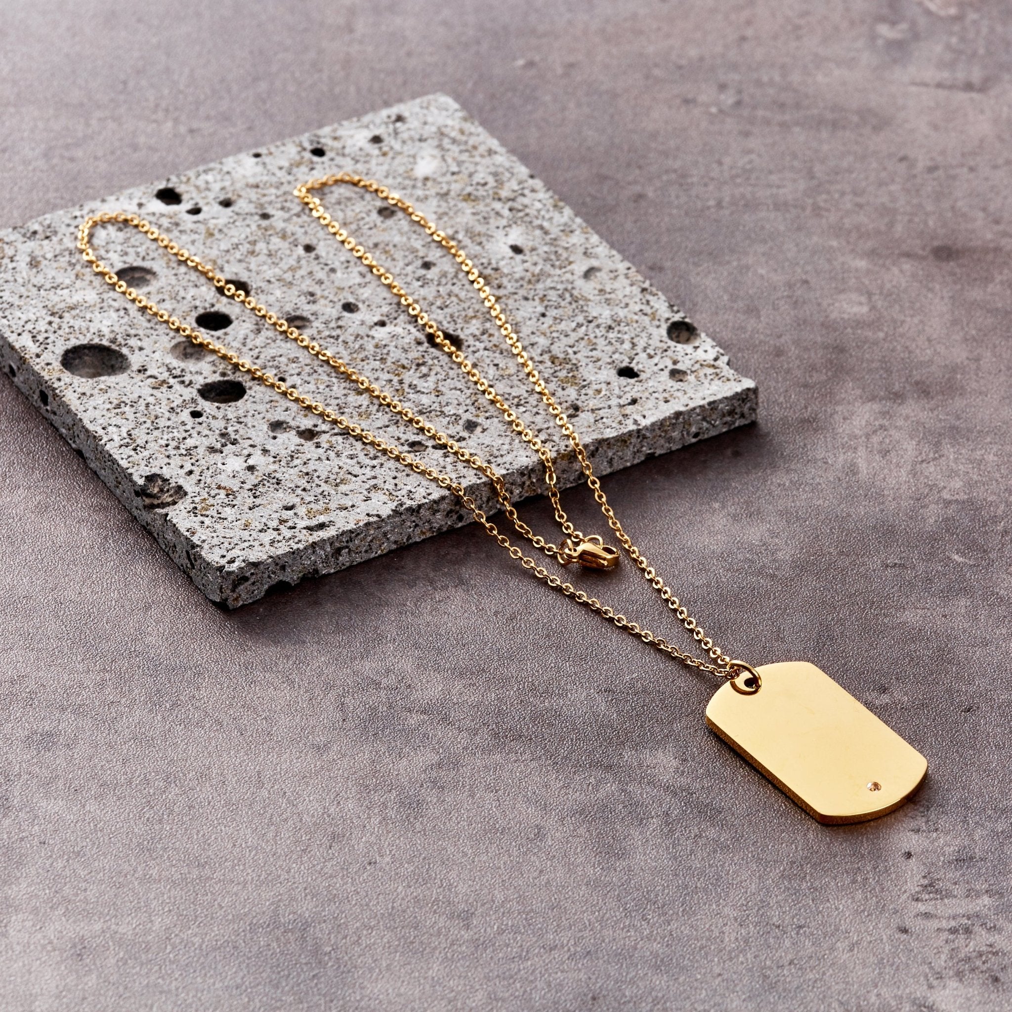 Men's Gold Plated Steel Dog Tag Necklace Created with Zircondia® Crystals - Philip Jones Jewellery