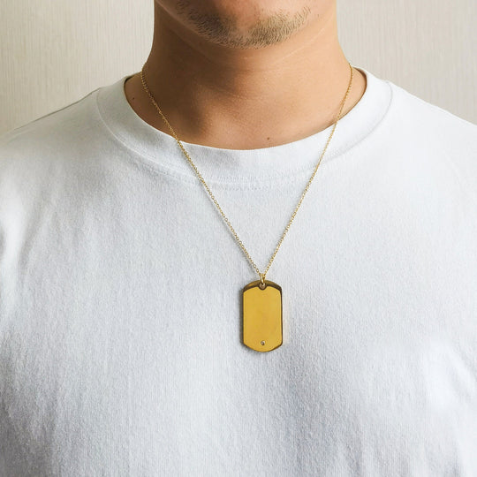 Men's Gold Plated Steel Dog Tag Necklace Created with Zircondia® Crystals - Philip Jones Jewellery