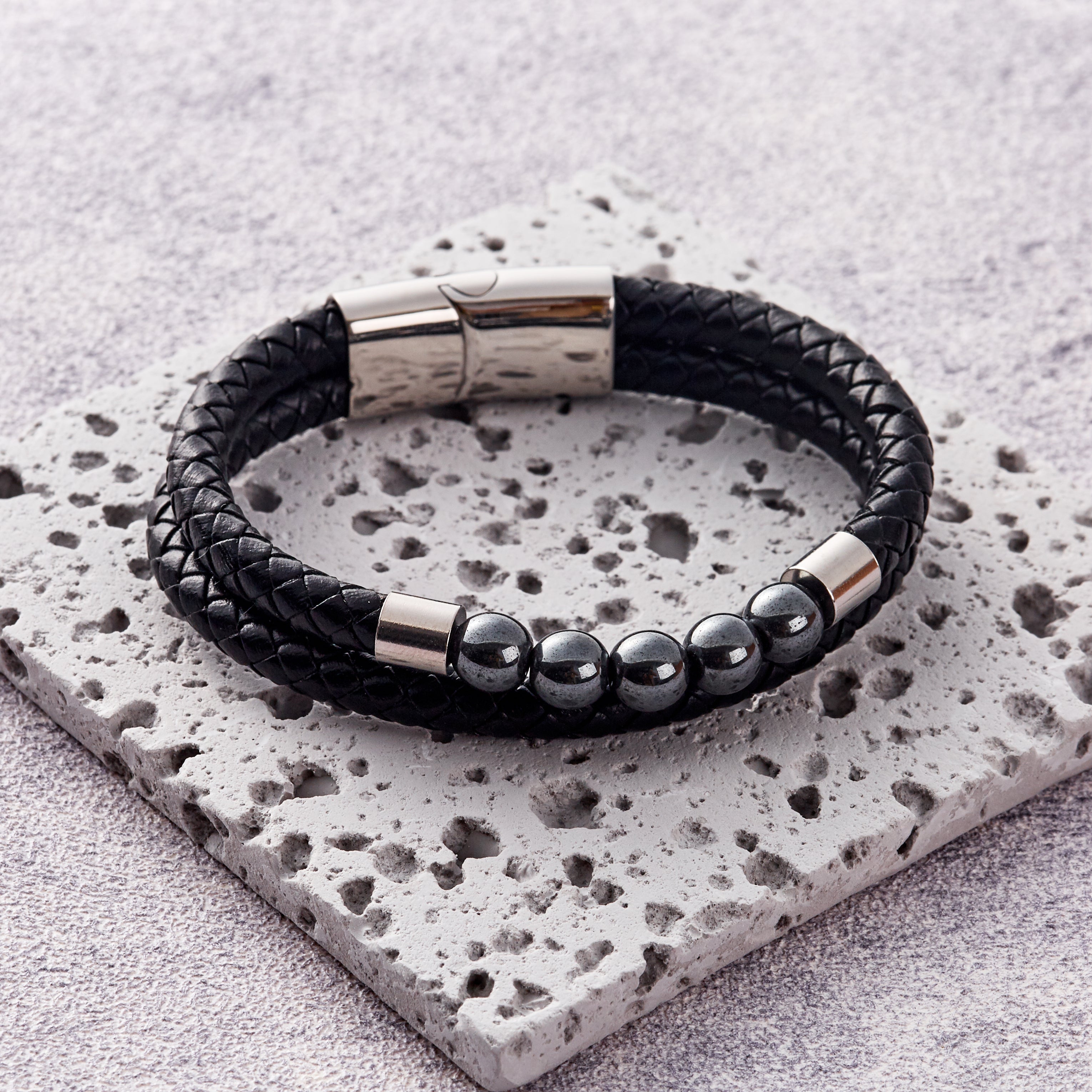 Men's Hematite Genuine Leather Bracelet