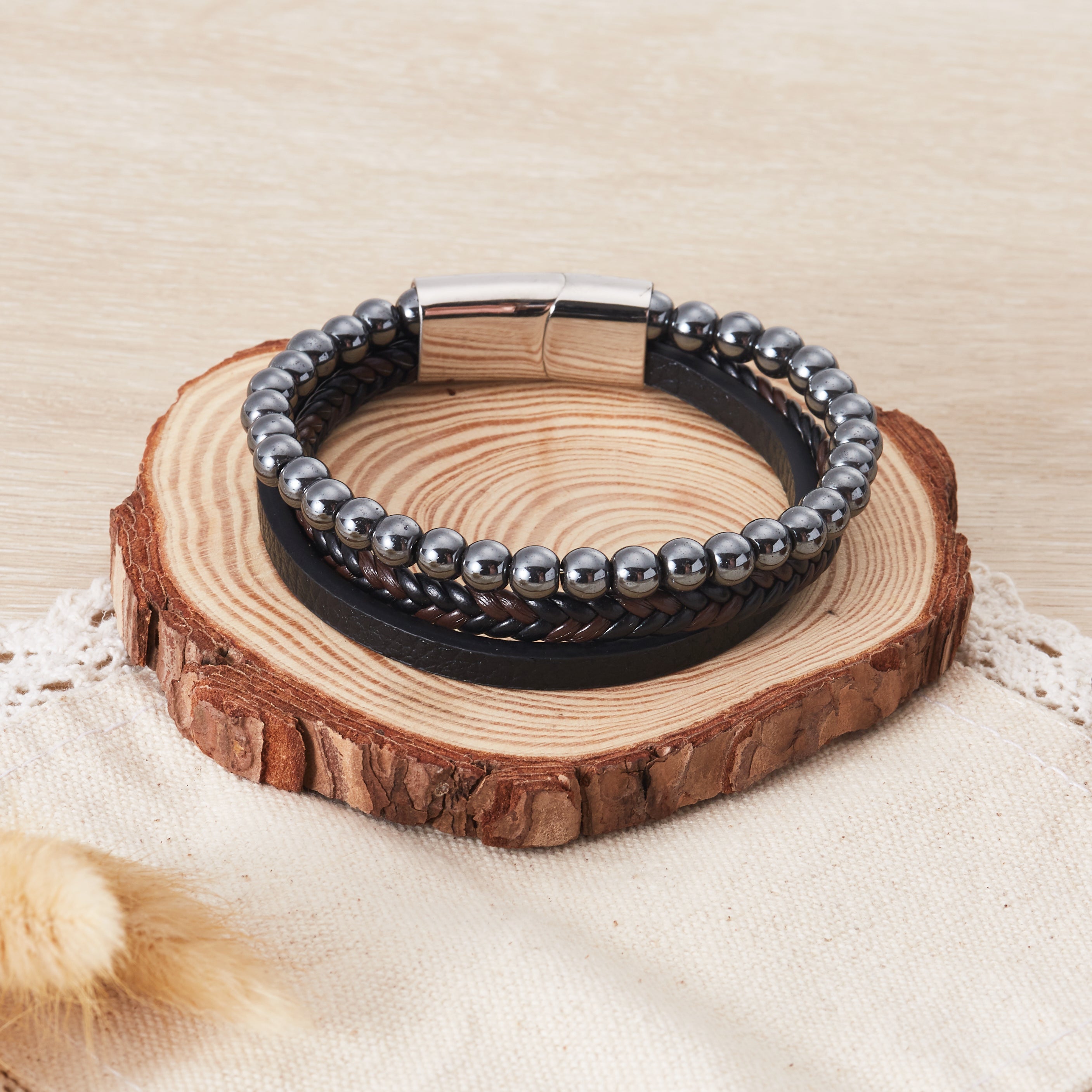 Men's Genuine Leather Hematite Bracelet