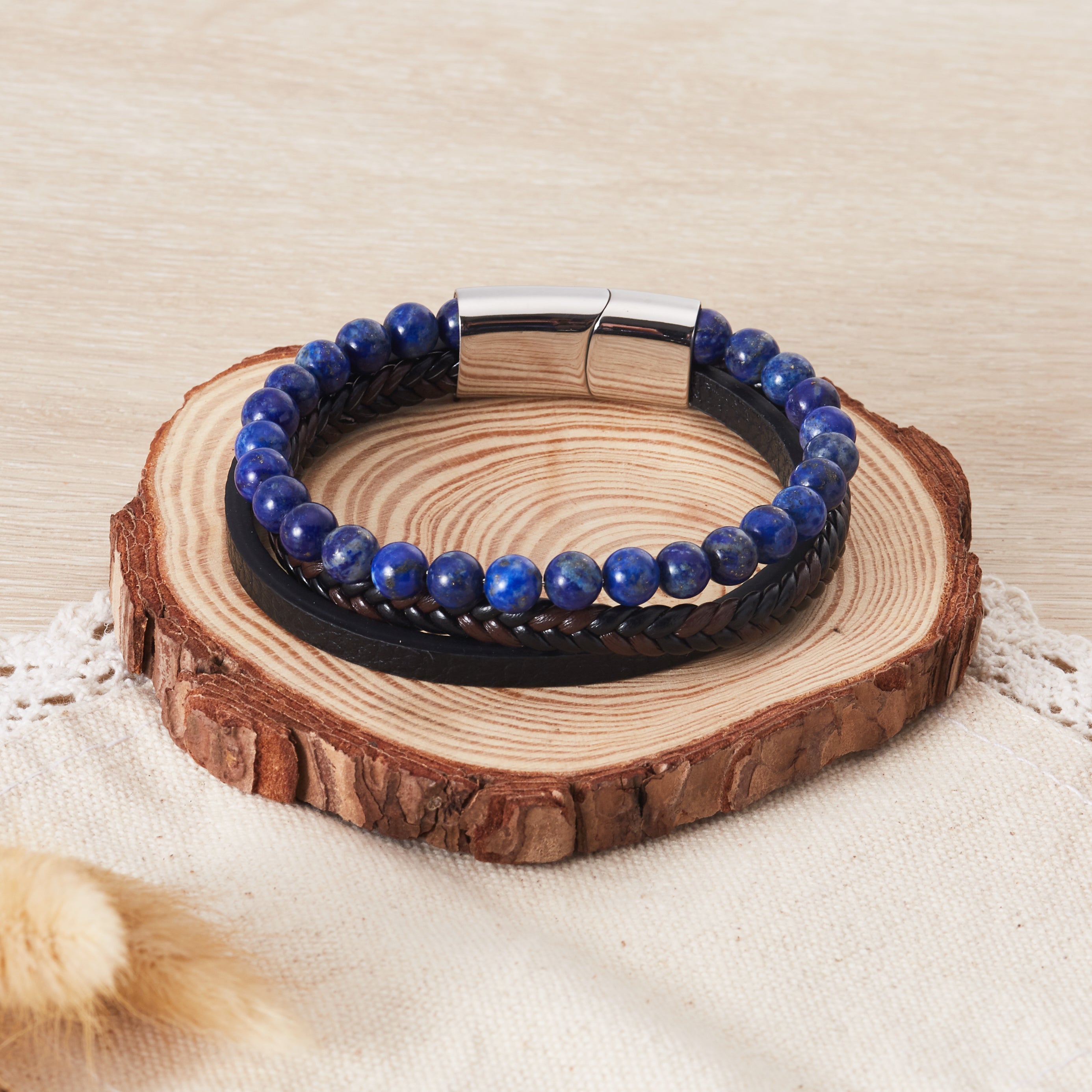 Men's Genuine Leather Lapis Bracelet