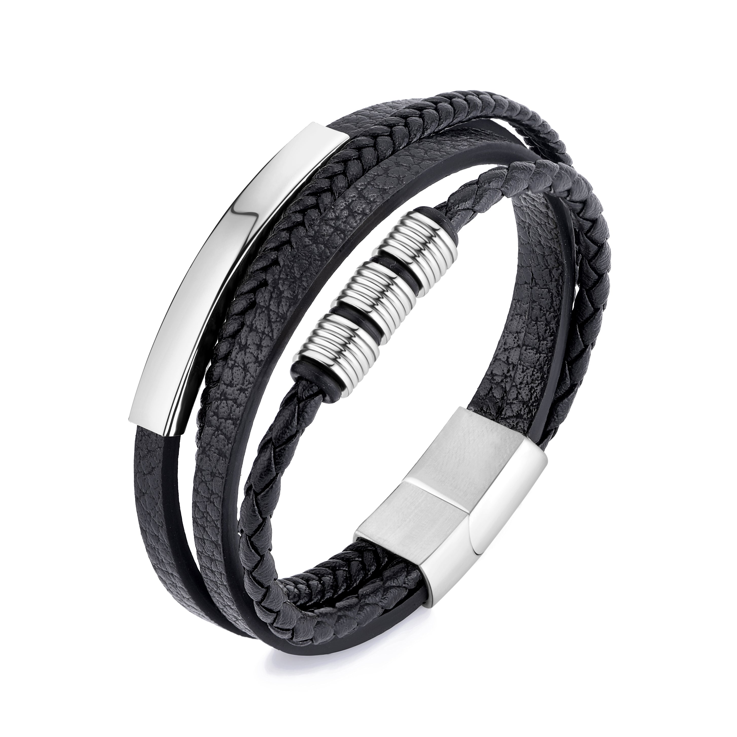 Men's Steel Genuine Black Leather Double Braided Bracelet