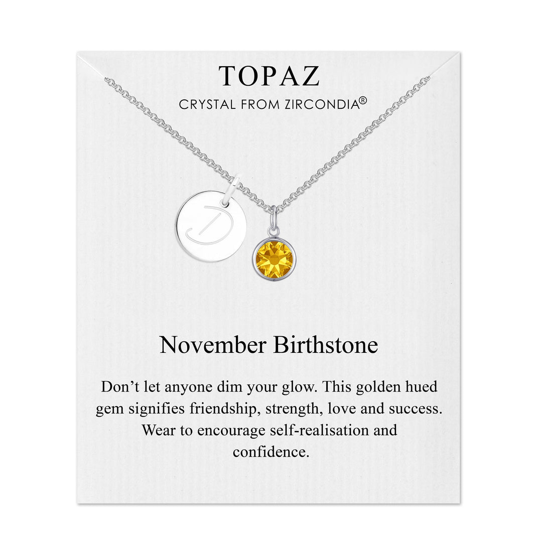 November (Topaz) Birthstone Necklace with Initial Charm (A to Z) Created with Zircondia® Crystals - Philip Jones Jewellery