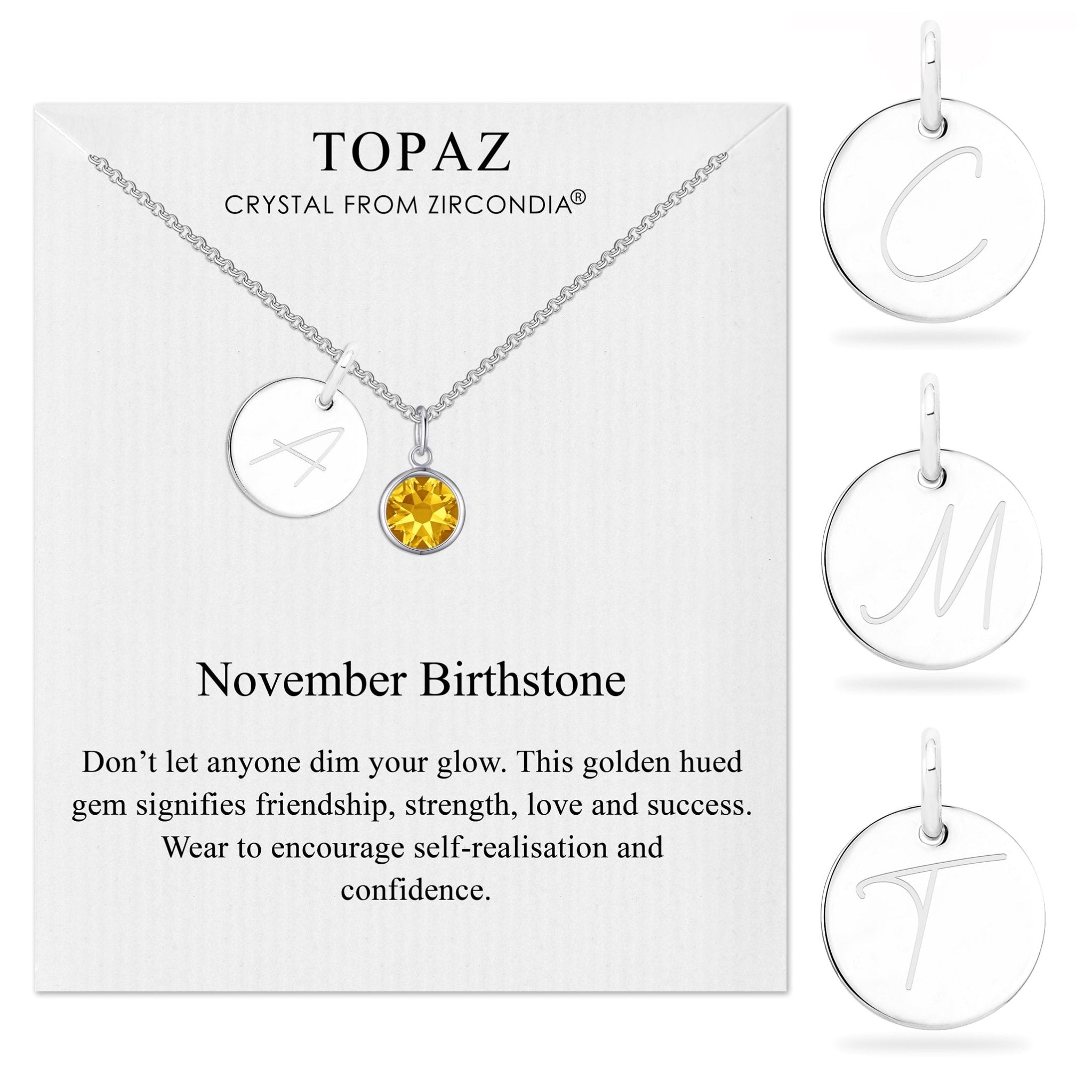 November (Topaz) Birthstone Necklace with Initial Charm (A to Z) Created with Zircondia® Crystals - Philip Jones Jewellery