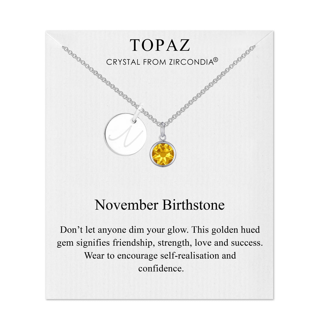 November (Topaz) Birthstone Necklace with Initial Charm (A to Z) Created with Zircondia® Crystals - Philip Jones Jewellery