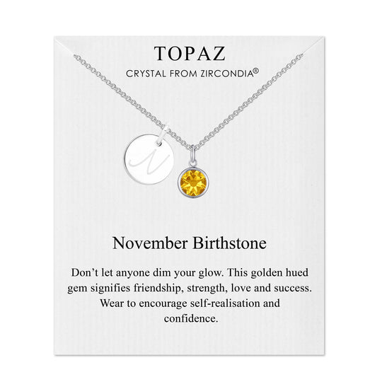 November (Topaz) Birthstone Necklace with Initial Charm (A to Z) Created with Zircondia® Crystals - Philip Jones Jewellery