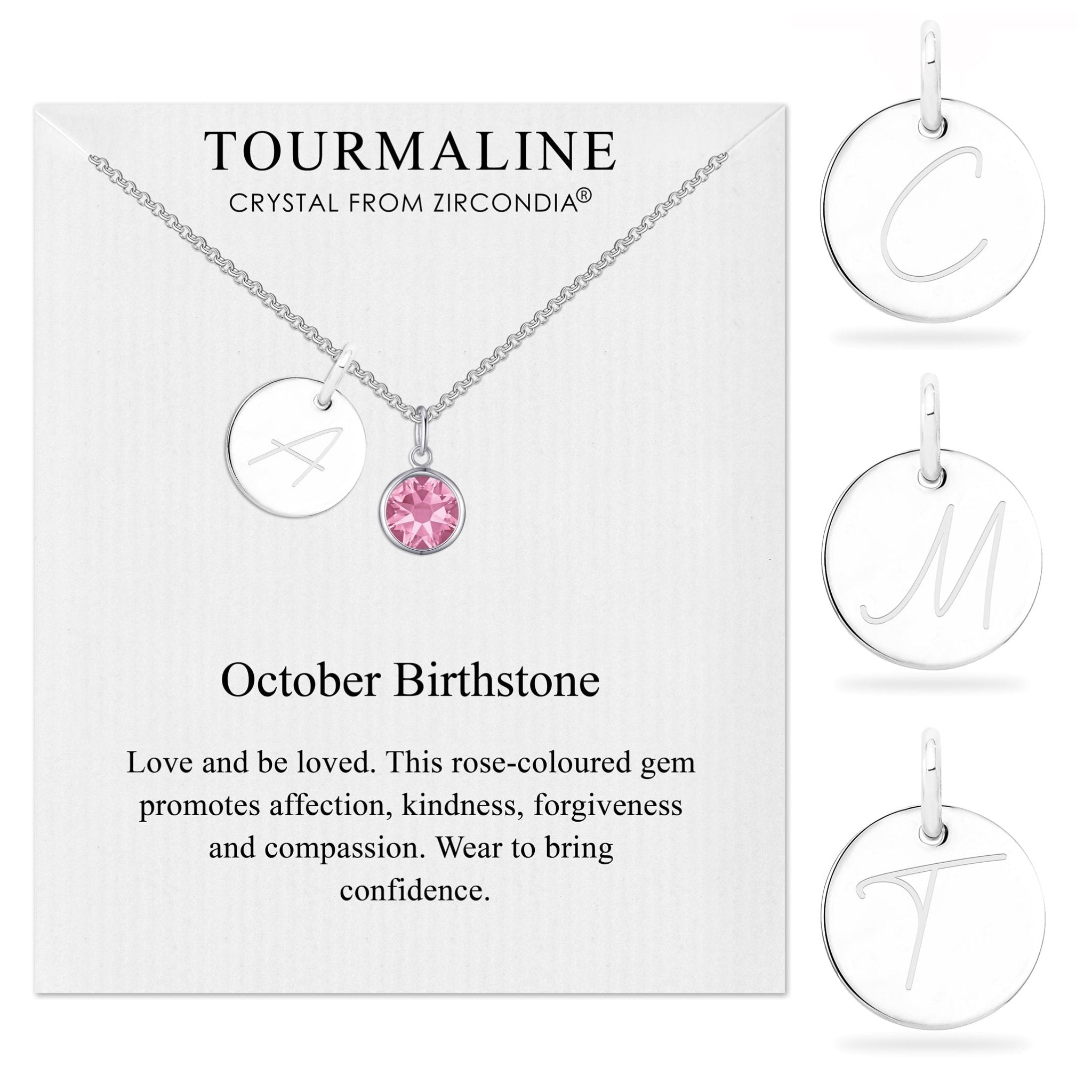 October (Tourmaline) Birthstone Necklace with Initial Charm (A to Z) Created with Zircondia® Crystals - Philip Jones Jewellery