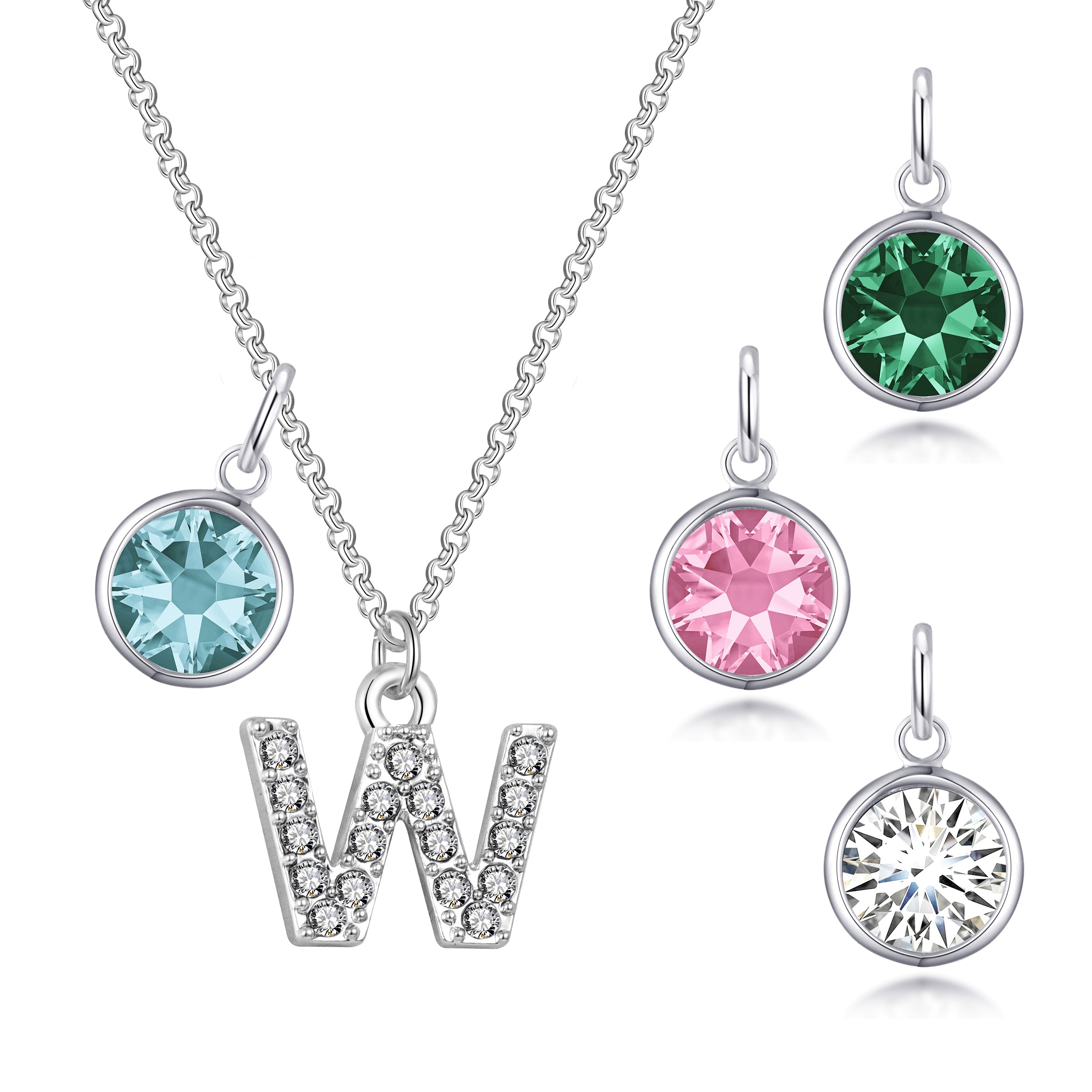 Birthstone Pave Initial Necklace Letter W Created with Zircondia® Crystals by Philip Jones Jewellery