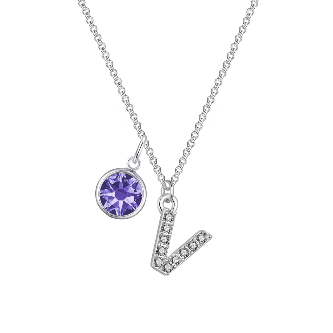 Pave Initial V Necklace with Birthstone Charm Created with Zircondia® Crystals - Philip Jones Jewellery