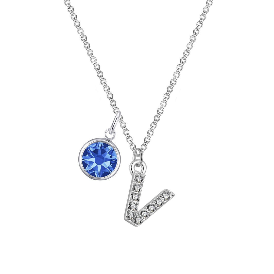 Pave Initial V Necklace with Birthstone Charm Created with Zircondia® Crystals - Philip Jones Jewellery