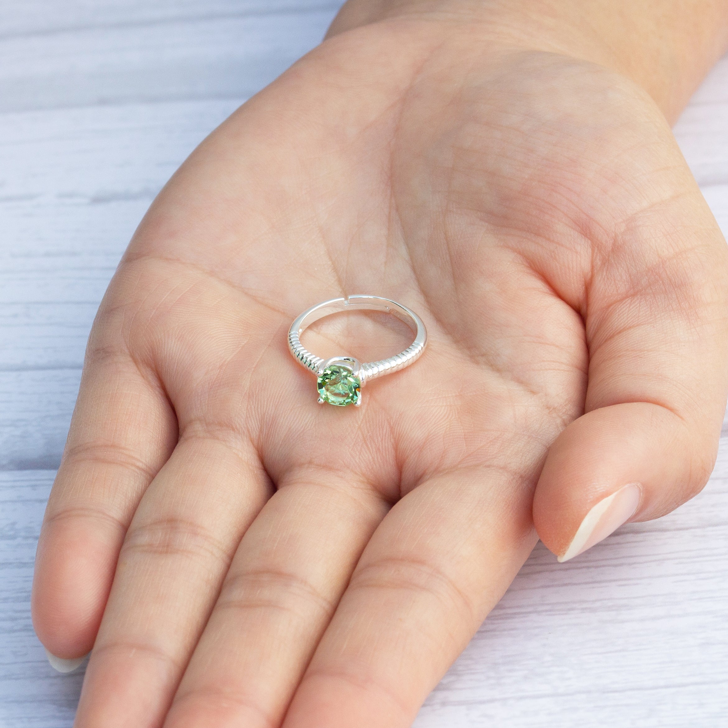 August (Peridot) Adjustable Birthstone Ring Created with Zircondia® Crystals