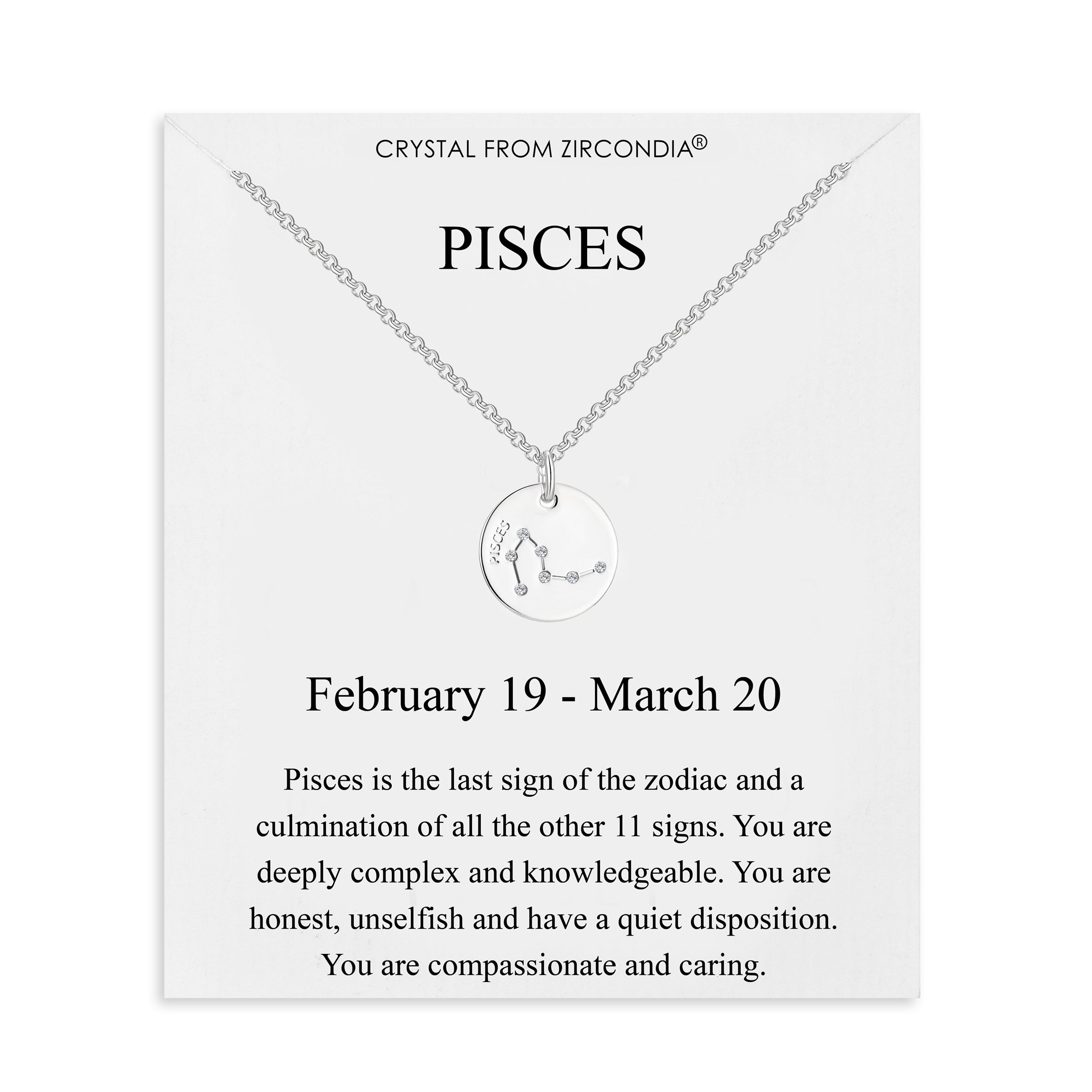 Pisces Zodiac Star Sign Disc Necklace Created with Zircondia® Crystals by Philip Jones Jewellery