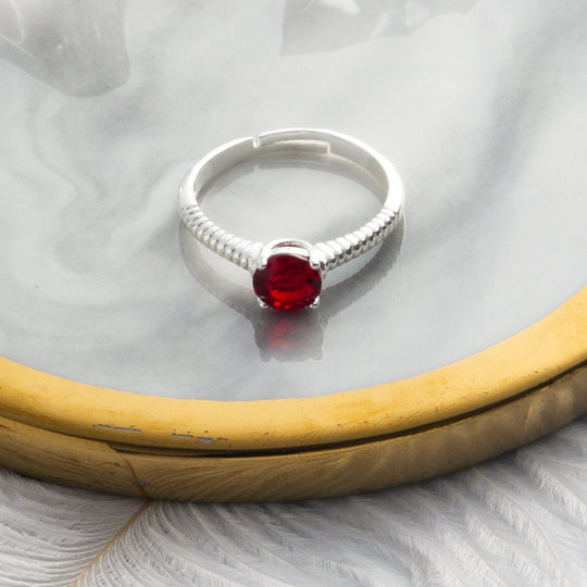 Red Adjustable Crystal Ring Created with Zircondia® Crystals - Philip Jones Jewellery