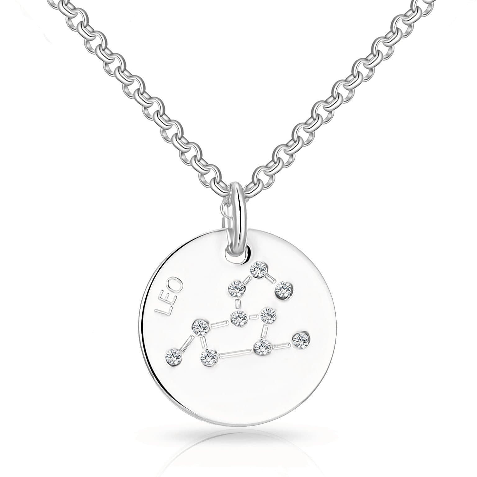 Rhodium Plated Leo Zodiac Star Sign Disc Necklace Created with Zircondia® Crystals - Philip Jones Jewellery