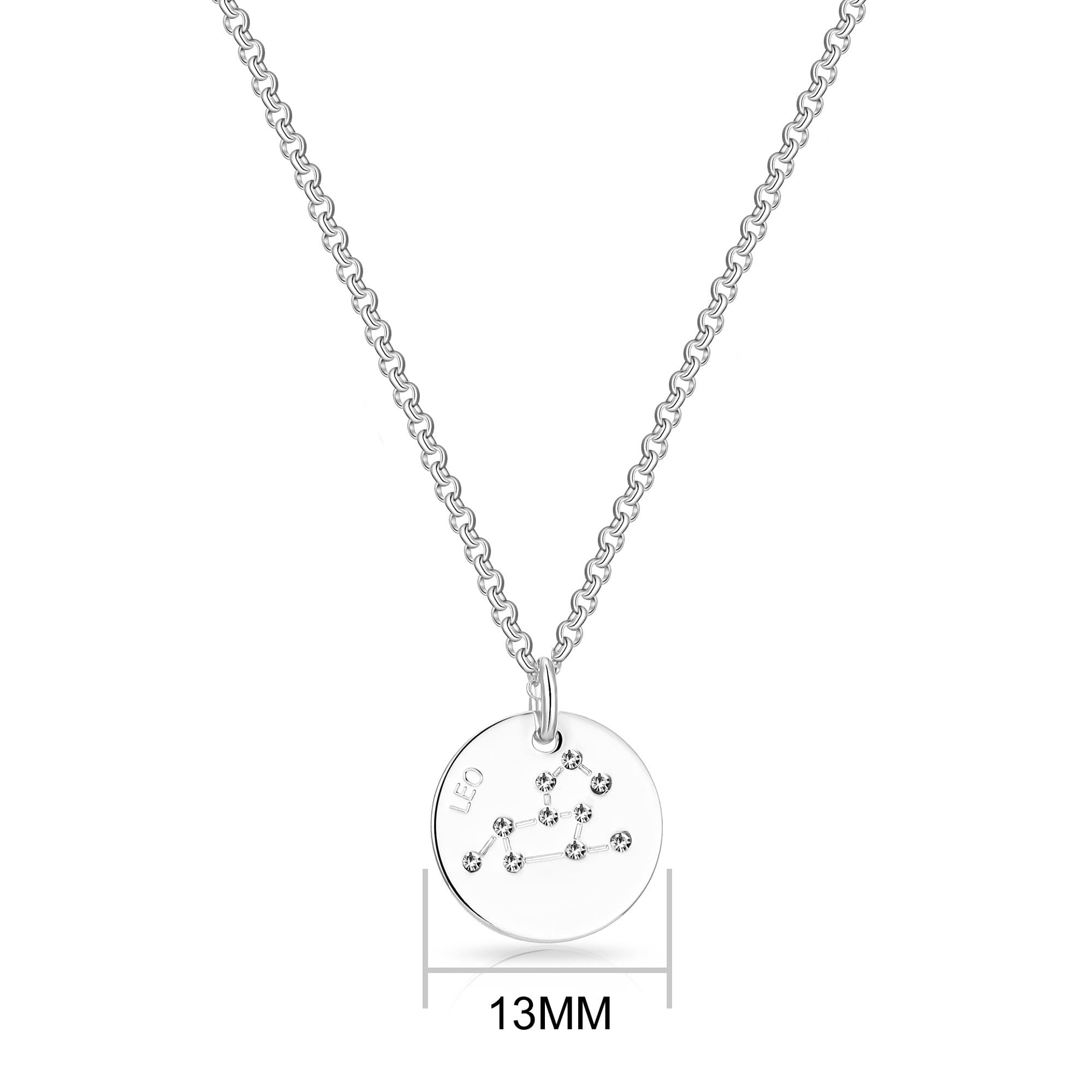 Rhodium Plated Leo Zodiac Star Sign Disc Necklace Created with Zircondia® Crystals - Philip Jones Jewellery