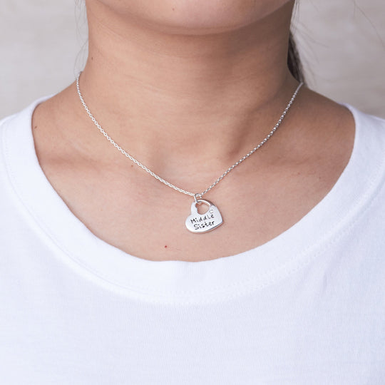 Rhodium Plated Middle Sister Heart Necklace Created with Zircondia® Crystals - Philip Jones Jewellery