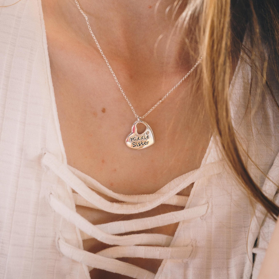 Rhodium Plated Middle Sister Heart Necklace Created with Zircondia® Crystals - Philip Jones Jewellery