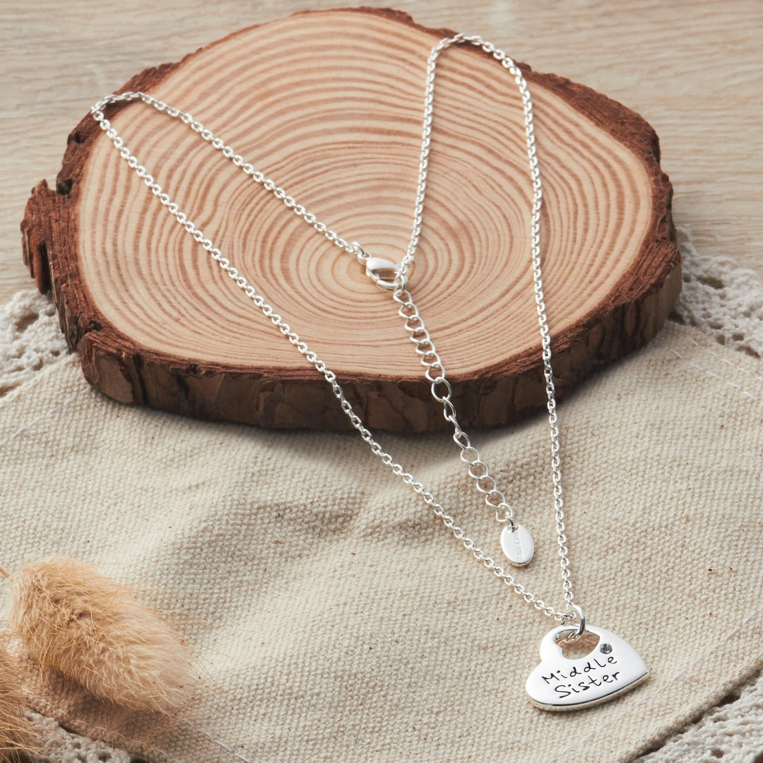 Rhodium Plated Middle Sister Heart Necklace Created with Zircondia® Crystals - Philip Jones Jewellery