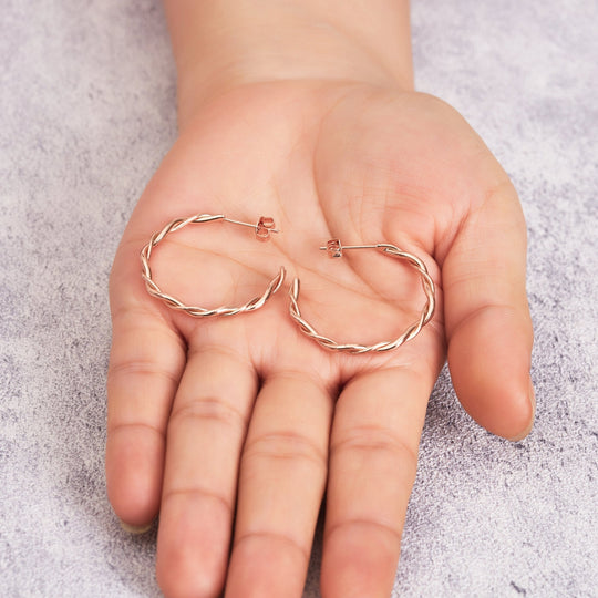 Rose Gold Plated 30mm Twisted Hoop Earrings - Philip Jones Jewellery