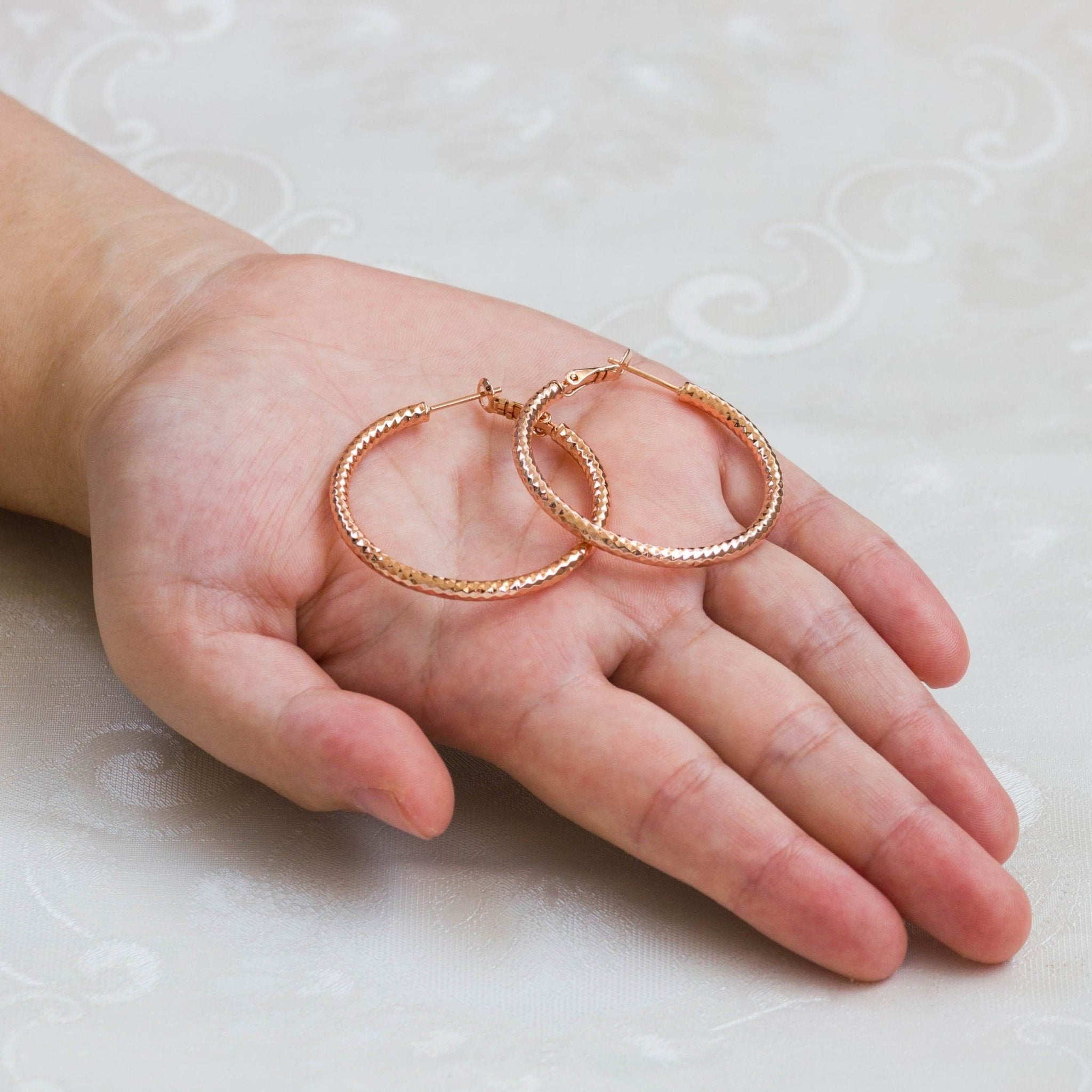 Rose Gold Plated 40mm Diamond Cut Hoop Earrings - Philip Jones Jewellery