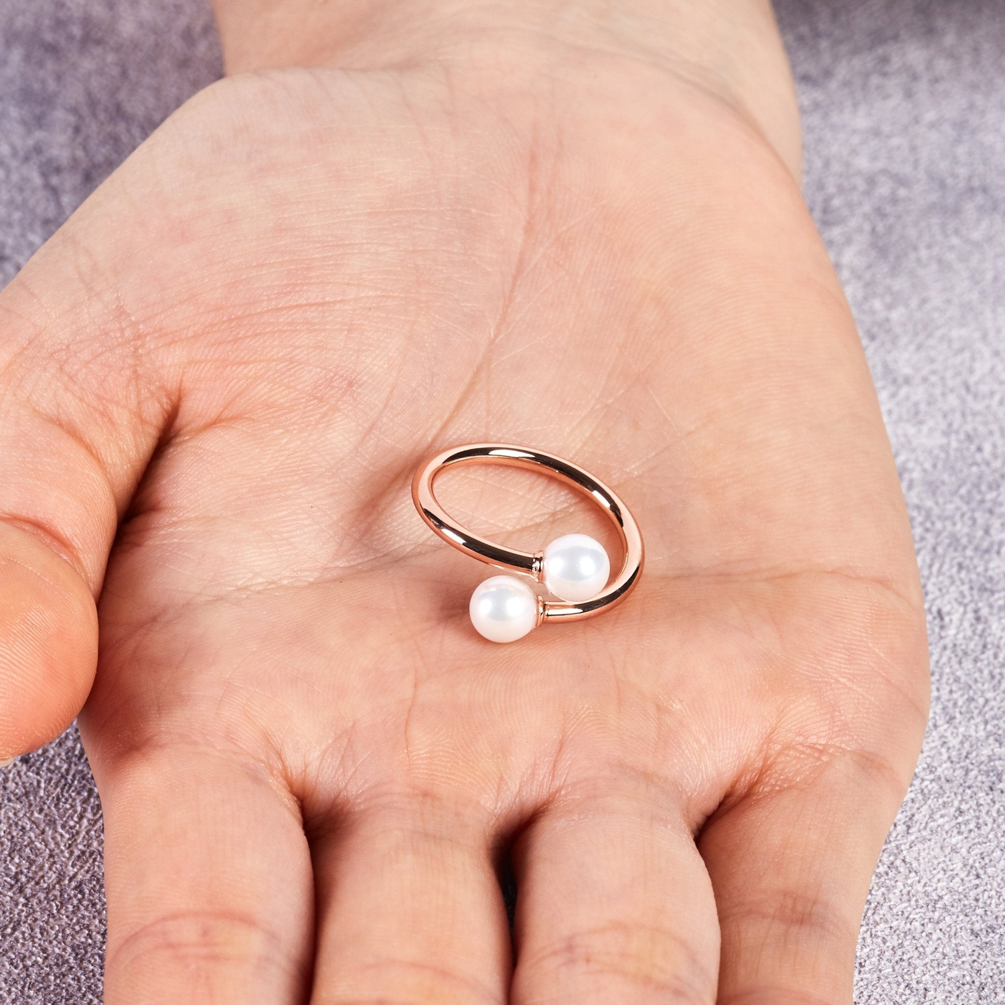 Rose Gold Plated Adjustable Double Pearl Ring - Philip Jones Jewellery