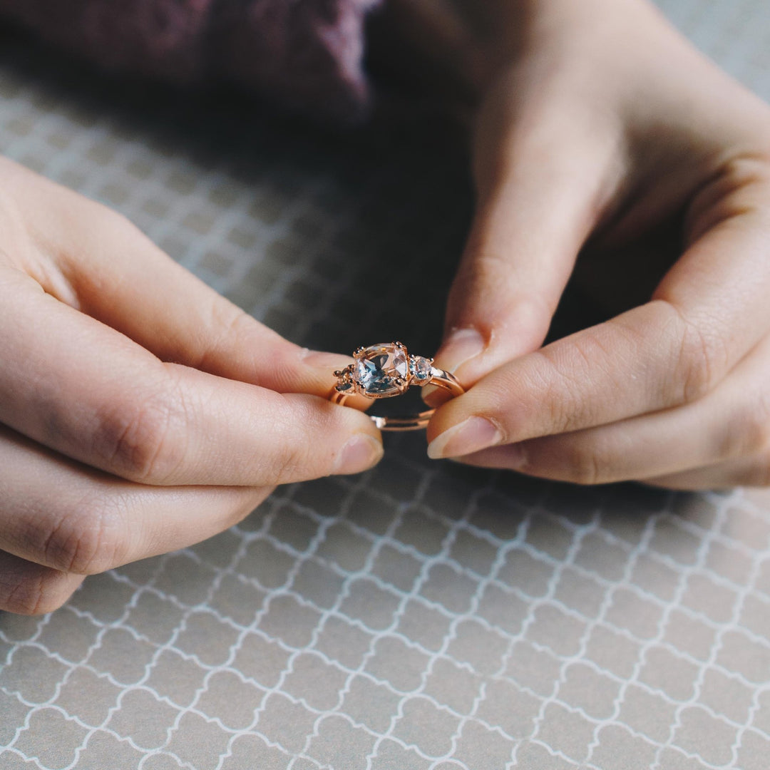 Rose Gold Plated Adjustable Three Stone Ring Created with Zircondia® Crystals - Philip Jones Jewellery