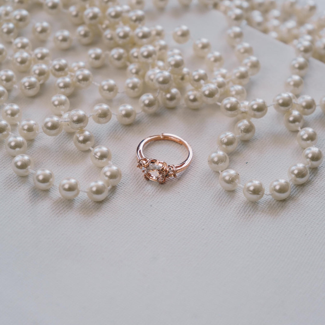 Rose Gold Plated Adjustable Three Stone Ring Created with Zircondia® Crystals - Philip Jones Jewellery