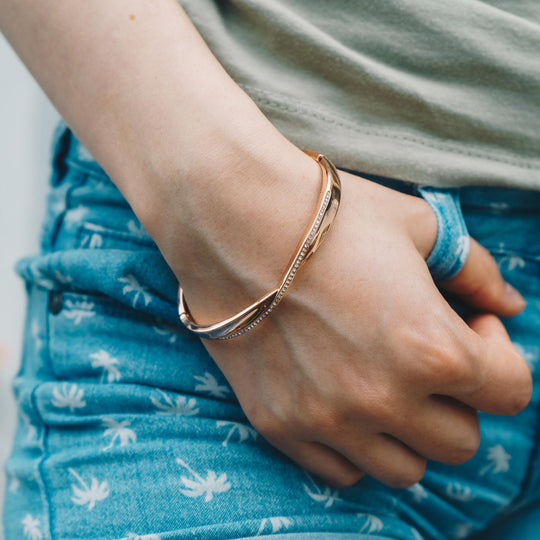 Rose Gold Plated Arc Bangle Created with Zircondia® Crystals (7 Inch) - Philip Jones Jewellery