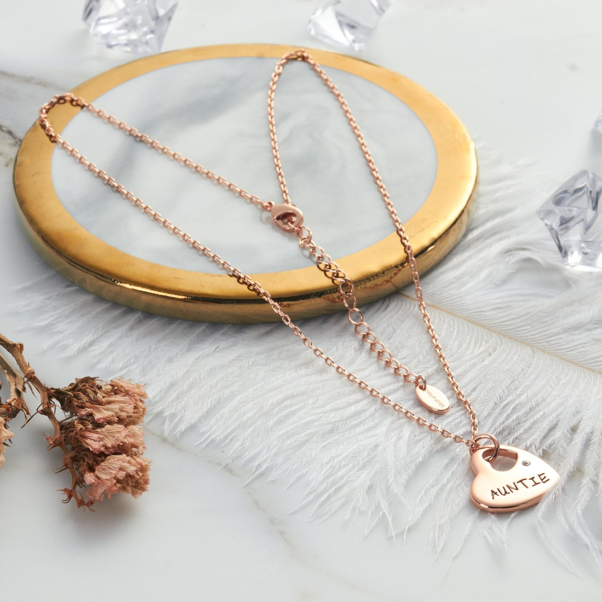 Rose Gold Plated Auntie Heart Necklace Created with Zircondia® Crystals - Philip Jones Jewellery