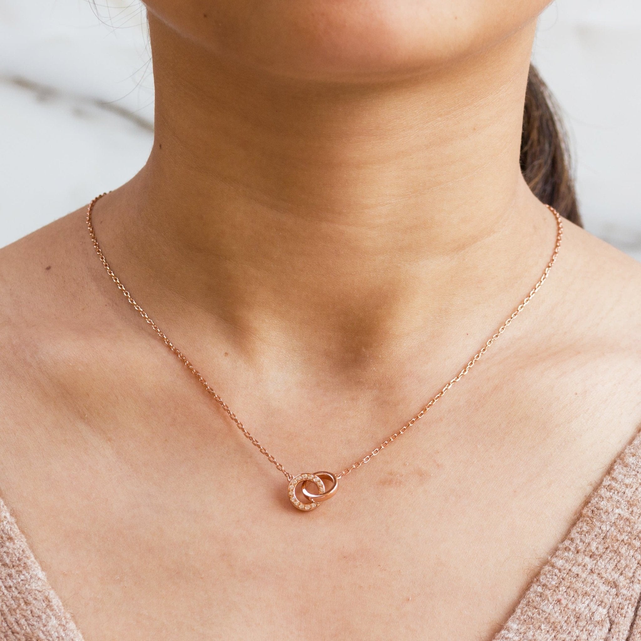 Rose Gold Plated Circle Link Necklace Created with Zircondia® Crystals - Philip Jones Jewellery