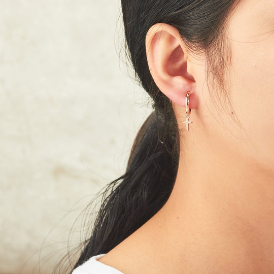 Rose Gold Plated Cross Charm Hoop Earrings - Philip Jones Jewellery