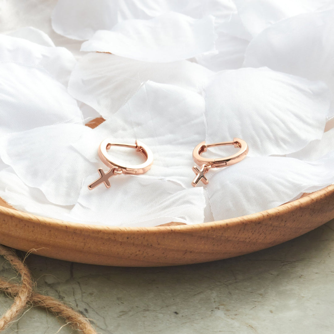 Rose Gold Plated Cross Charm Hoop Earrings - Philip Jones Jewellery