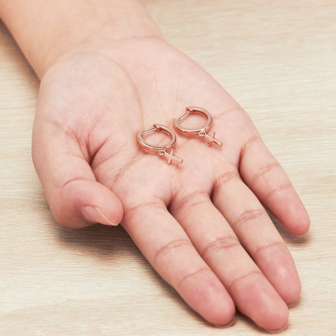 Rose Gold Plated Cross Charm Hoop Earrings - Philip Jones Jewellery