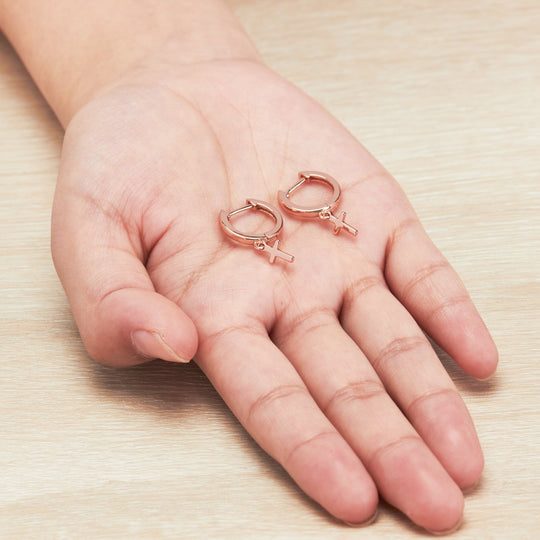 Rose Gold Plated Cross Charm Hoop Earrings - Philip Jones Jewellery