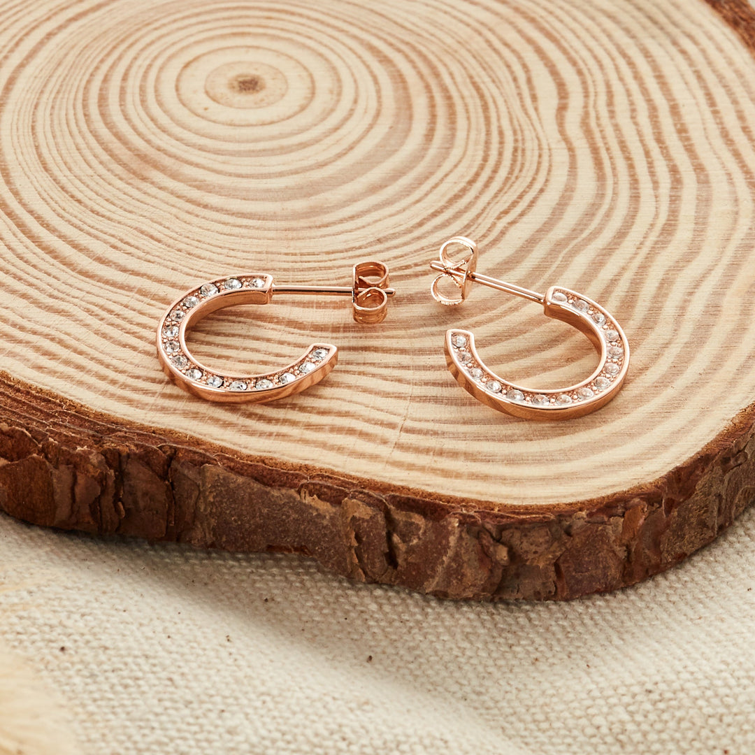 Rose Gold Plated Crystal Edge Hoop Earrings Created With Zircondia® Crystals - Philip Jones Jewellery