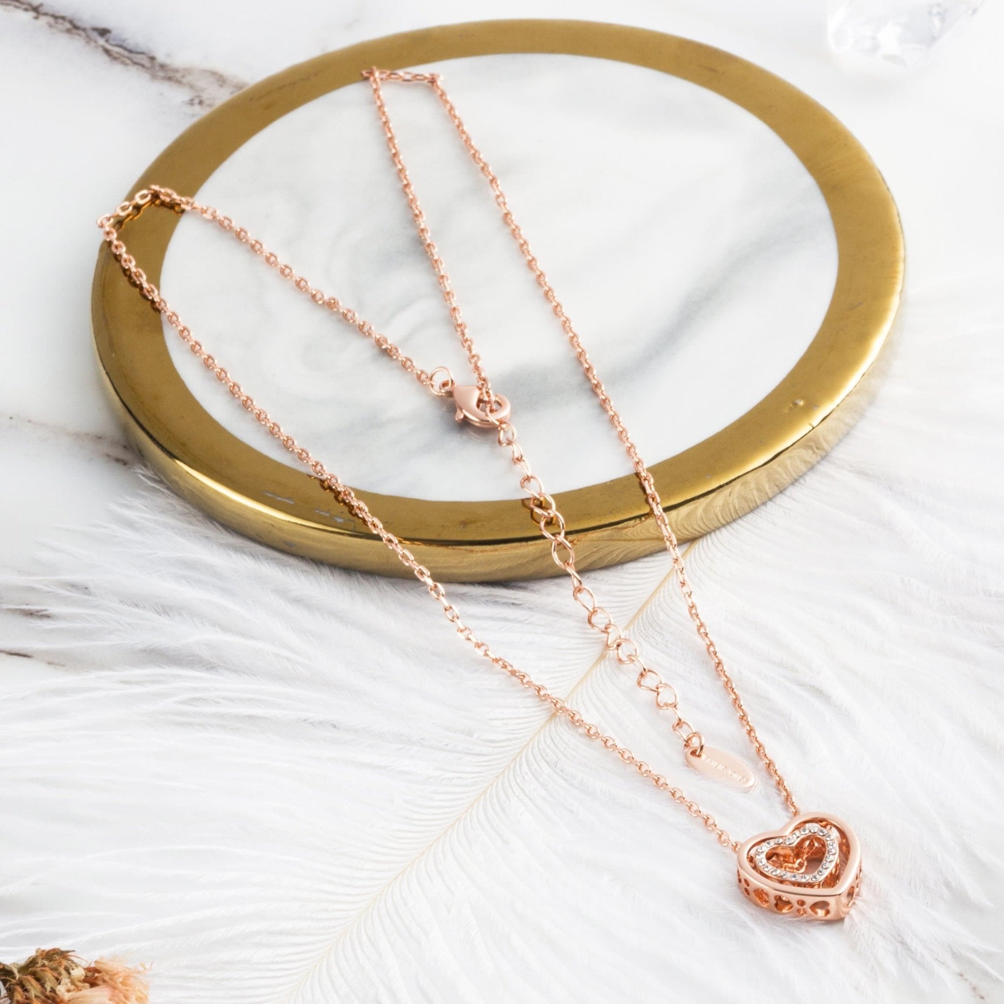 Rose Gold Plated Double Heart Necklace Created with Zircondia® Crystals - Philip Jones Jewellery