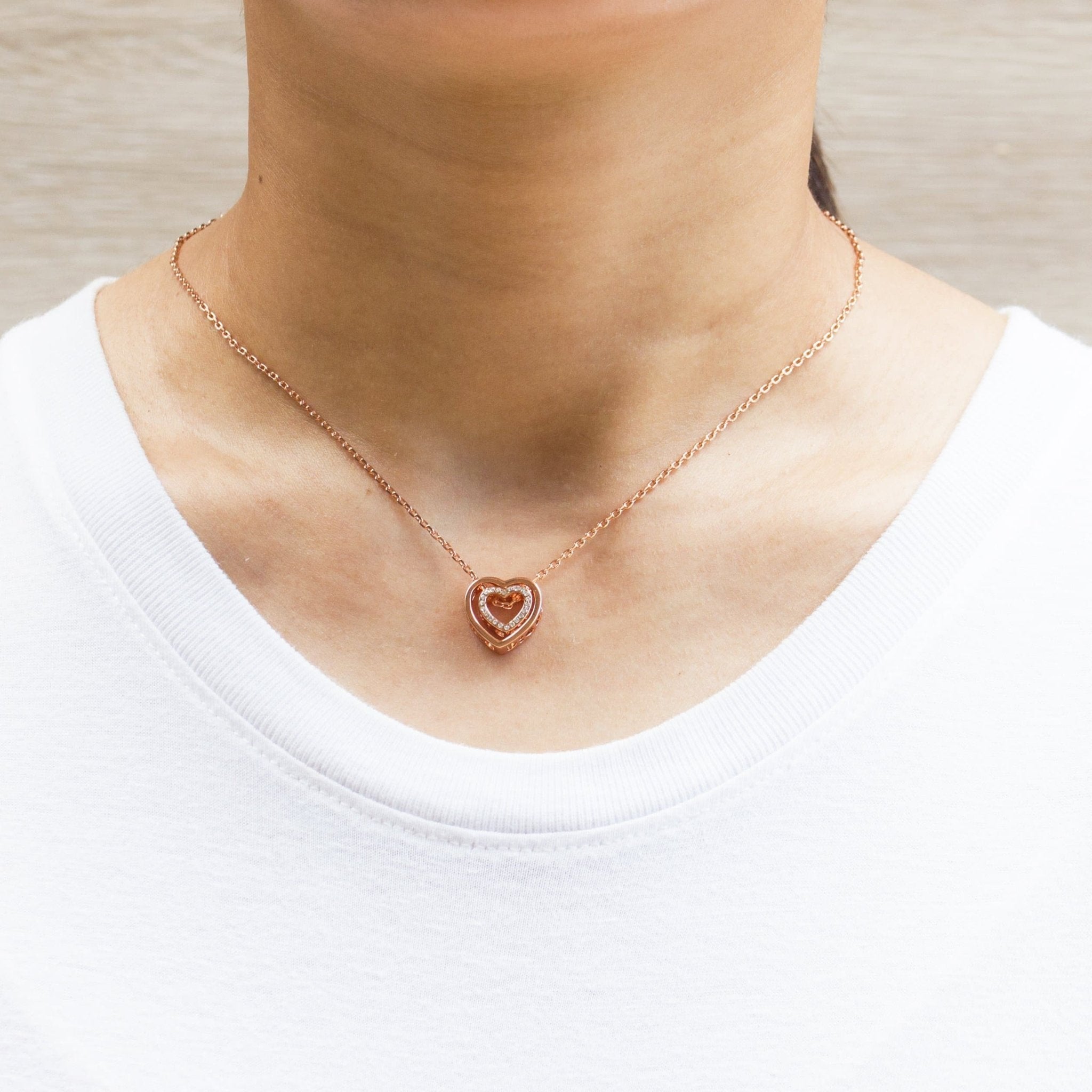 Rose Gold Plated Double Heart Necklace Created with Zircondia® Crystals - Philip Jones Jewellery