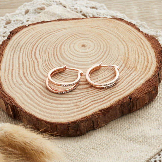 Rose Gold Plated Double Hoop Earrings Created with Zircondia® Crystals - Philip Jones Jewellery