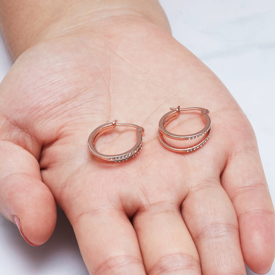 Rose Gold Plated Double Hoop Earrings Created with Zircondia® Crystals - Philip Jones Jewellery